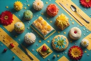 Homemade cakes on a solid colors background, top view. ai generative photo