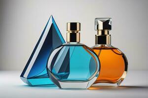 Creative and brandless Perfume bottle and flower on the wooden table, closeup. ai generative photo