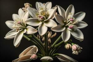 Bouquet of snowdrops on a black background. Studio photography. ai genrative photo