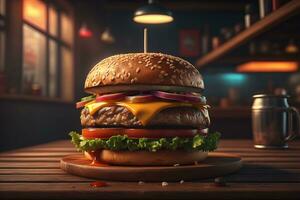 Big tasty hamburger on wooden table. ai generative photo