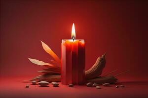 Burning aroma candle on wooden table against solid color background, copyspace. ai generative photo