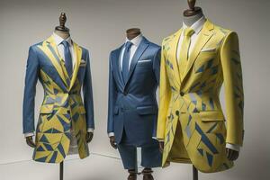 Stylish suits on mannequins on solid color background, closeup. ai generative photo