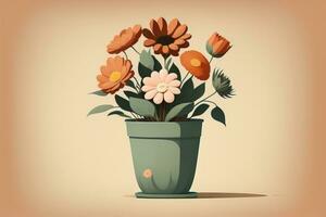 Flowerpot with daisies. Vector illustration in retro style. ai generative photo