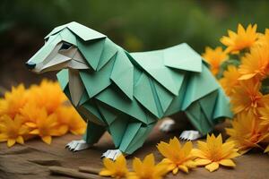 Paper origami animal isolated on solid color background. ai generative photo