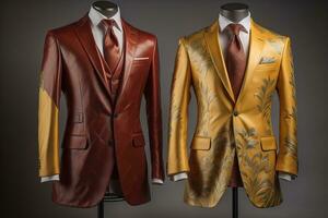 Stylish suits on mannequins on solid color background, closeup. ai generative photo