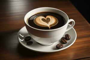 Coffee cup and coffee beans on a wooden table, top view. ai generative photo