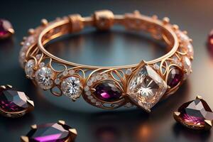 Wedding ring with diamonds on a solid color background. Jewelry. ai generative photo