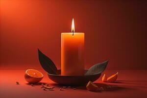 Creative burning candle on a wooden background. ai generative photo