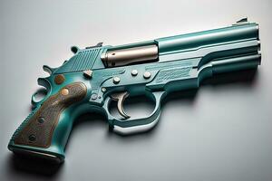 Semi-automatic handgun on a solid color background. Close-up. ai generative photo