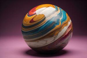 Colorful marble ball on a solid colour background. Close-up. ai generative photo