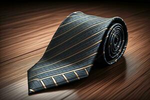 a necktie on a wooden background with reflection. ai generative photo