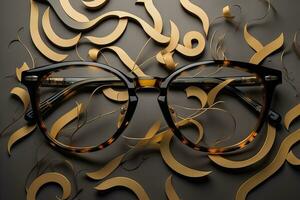 Stylish glasses on wooden table. Fashionable eyeglasses. ai generative photo