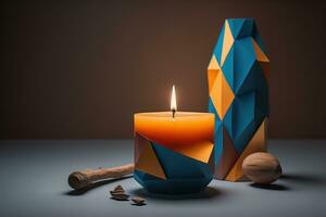 Creative burning candle on a wooden background. ai generative photo