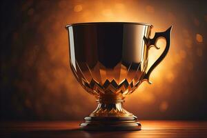 Golden trophy cup on wooden table. Award concept. ai generative photo