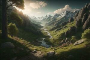Beautiful fantasy landscape with a river in the mountains. ai generative photo