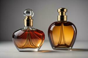 Creative and brandless Perfume bottle and flower on the wooden table, closeup. ai generative photo