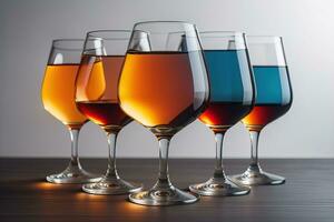 Wine glasses on a wooden table against the background. ai generative photo