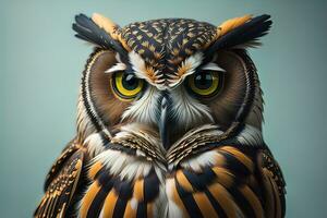 Owl with yellow eyes on a solid background. ai generative photo