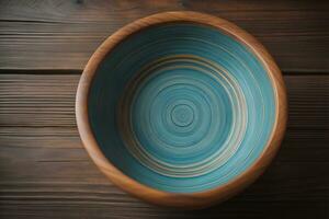 Empty wooden bowl on wooden background. Top view. Copy space. ai generative photo