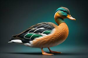 Beautiful duck on a solid color background. ai generative photo