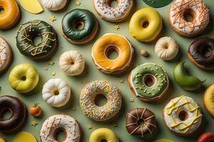 Variety of donuts on a solid color background. Top view. ai generative photo