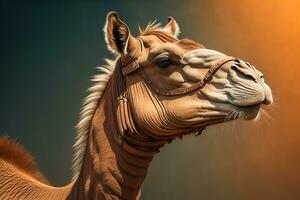 Camel head on solid color background, close up. Vintage style. ai generative photo