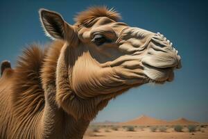 Camel head on solid color background, close up. Vintage style. ai generative photo