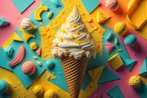 Ice cream in waffle cone on blue background, top view, flat lay. ai generative photo