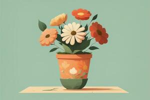 Flowerpot with daisies. Vector illustration in retro style. ai generative photo