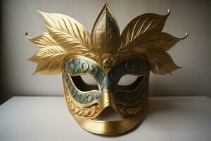 Venetian carnival mask with golden ornament on a solid color background. ai generative photo