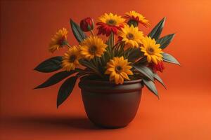 Flowers in a pot on a solid color background. ai generative photo