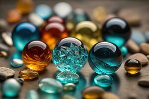 Colorful glass marbles on a the table. Selective focus. ai generative photo