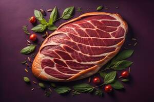 Raw beef sirloin steak with ingredients for cooking on wooden background. ai generative photo