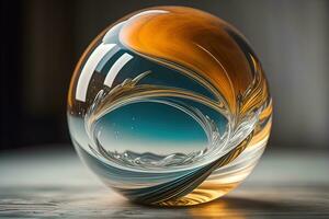 Transparent crystal ball on a wooden table. ai generative photo