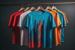 Colorful t-shirts in front of dark background. ai generative photo