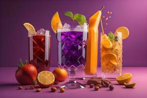 Glasses of sangria with fruits and berries on solid color background. ai generative photo