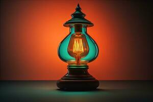 Lantern on a wooden table and a dark background. ai generative photo