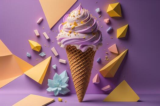 Ice cream in waffle cone on blue background, top view, flat lay. ai generative photo
