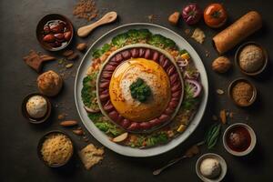 Top view of different indian dishes on dark background. Indian cuisine. ai generative photo