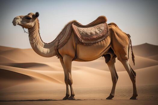 Camel head on solid color background, close up. Vintage style. ai generative photo