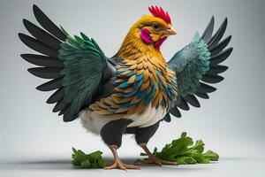 Colorful chicken on a solid color background, studio photo. ai generative photo