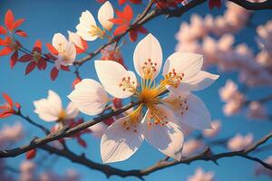 cherry blossom sakura flower on blue sky background, ai generative photo