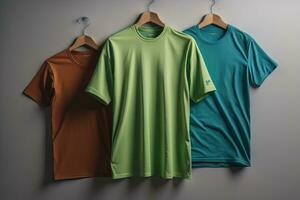 Colorful t-shirts in front of dark background. ai generative photo
