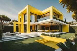 modern cozy house with pool and parking, luxurious style and beautiful landscaping on background. ai generative photo