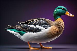 Beautiful duck on a solid color background. ai generative photo