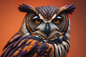 Owl with yellow eyes on a solid background. ai generative photo