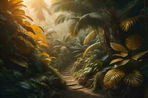 A pathway in tropical rainforest with palm trees and path in the mist. ai generative photo