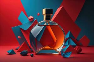 Creative and brandless Perfume bottle and flower on the wooden table, closeup. ai generative photo