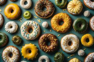 Variety of donuts on a solid color background. Top view. ai generative photo