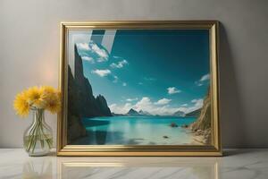 Glass picture frame on a solid color background. ai generative photo